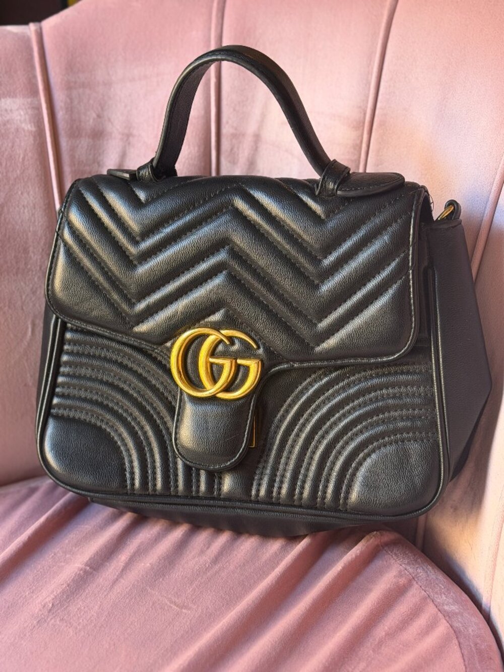 Black Quilted GG Marmont Style Top Handle Crossbody Bag – Black & Gold